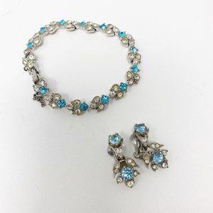 495 Vintage Bogoff clear and blue rhinestone bracelet and earring jewelry set